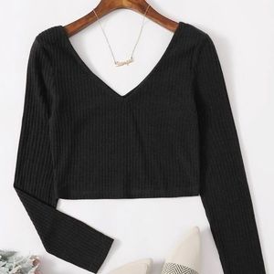 Rib-Knit Cropped Long Sleeve Top